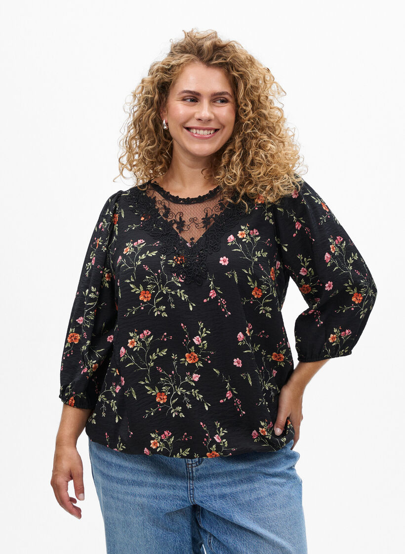 Blus med 3/4-&auml;rm och spetsdetaljer, Svart, Model image number 0