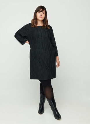Stickad klänning med långa ärmar, Dark Grey Melange, Model image number 2