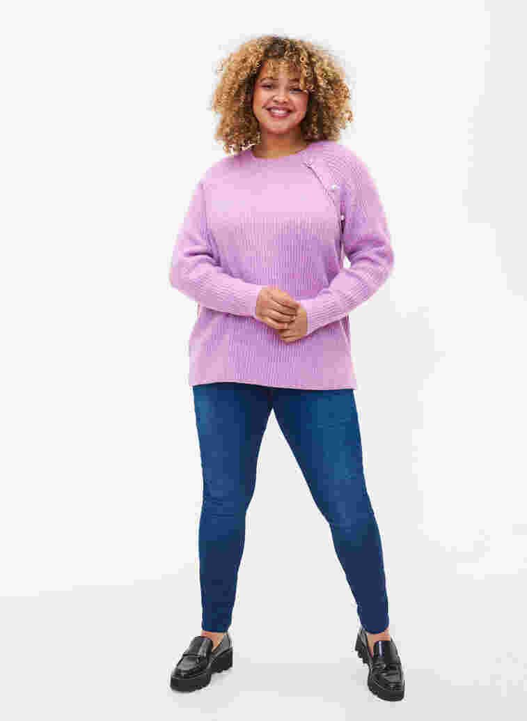 Melerad stickad tröja med pärlknappar, Purple Mel., Model image number 3