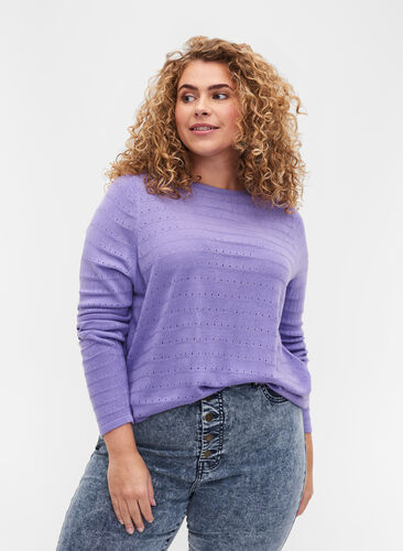 Stickad tröja med strukturerat mönster och rund hals, Paisley Purple, Model image number 0