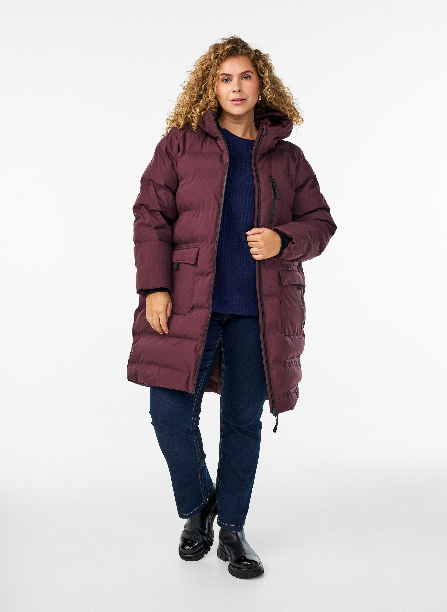 ZizziPufferkappa med huva och fickor, M&ouml;rk Bordeaux, Model image number 1