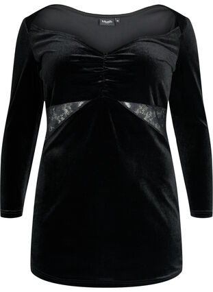 Kort klänning i velour med spetsdetalj, Black, Packshot image number 0