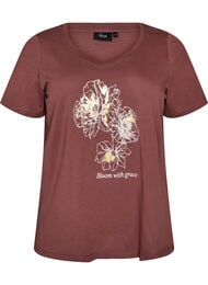 T-shirt i bomull med tryck framtill och v-ringning, Rosa