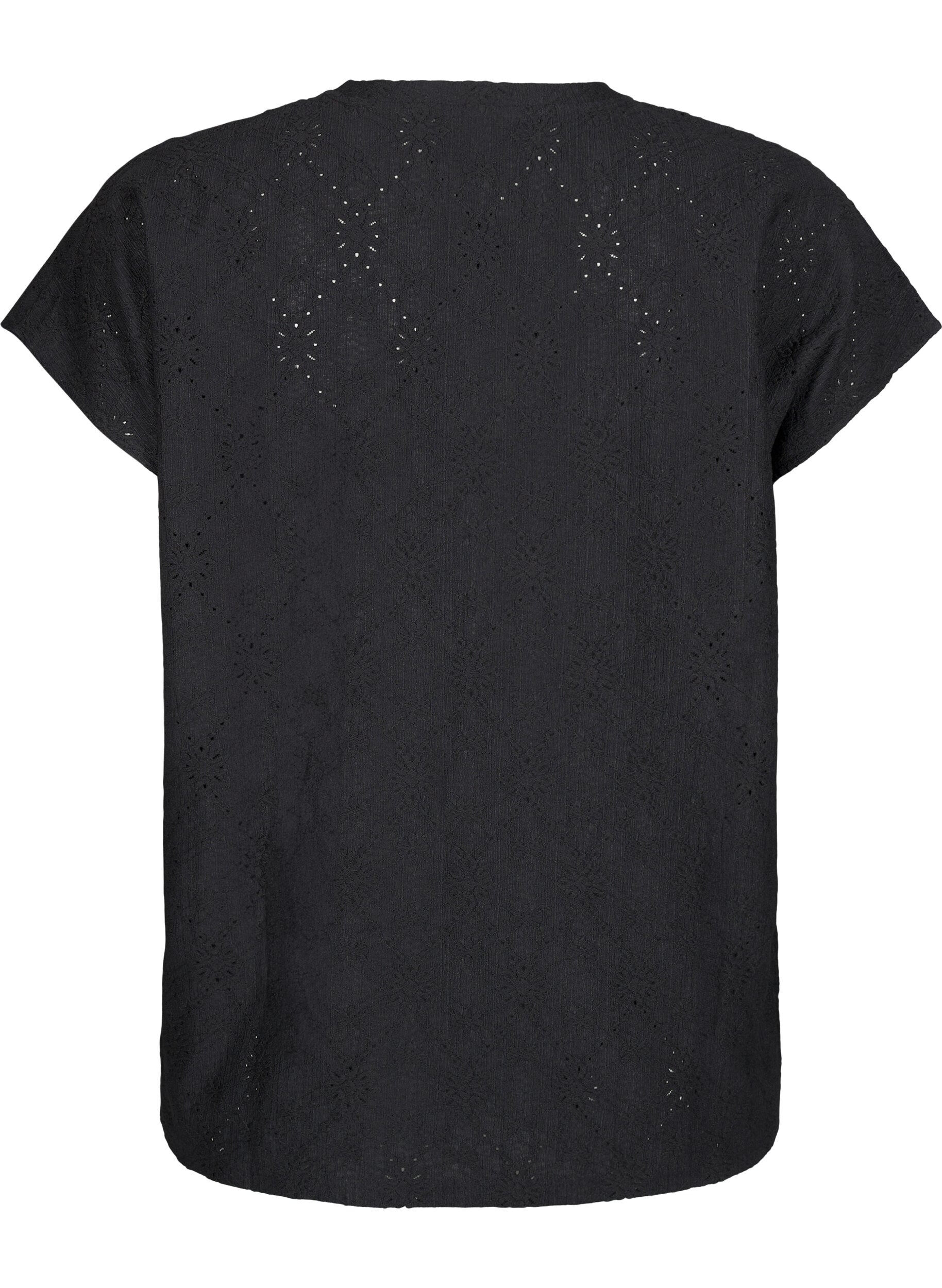 Zizzi Blus med korta &auml;rmar och blommig broderi, Black, Packshot image number 1