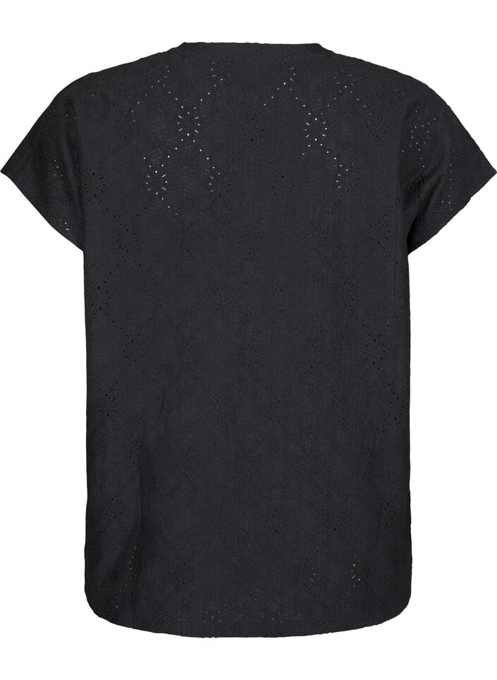 Blus med korta ärmar och blommig broderi, Black, Packshot image number 1