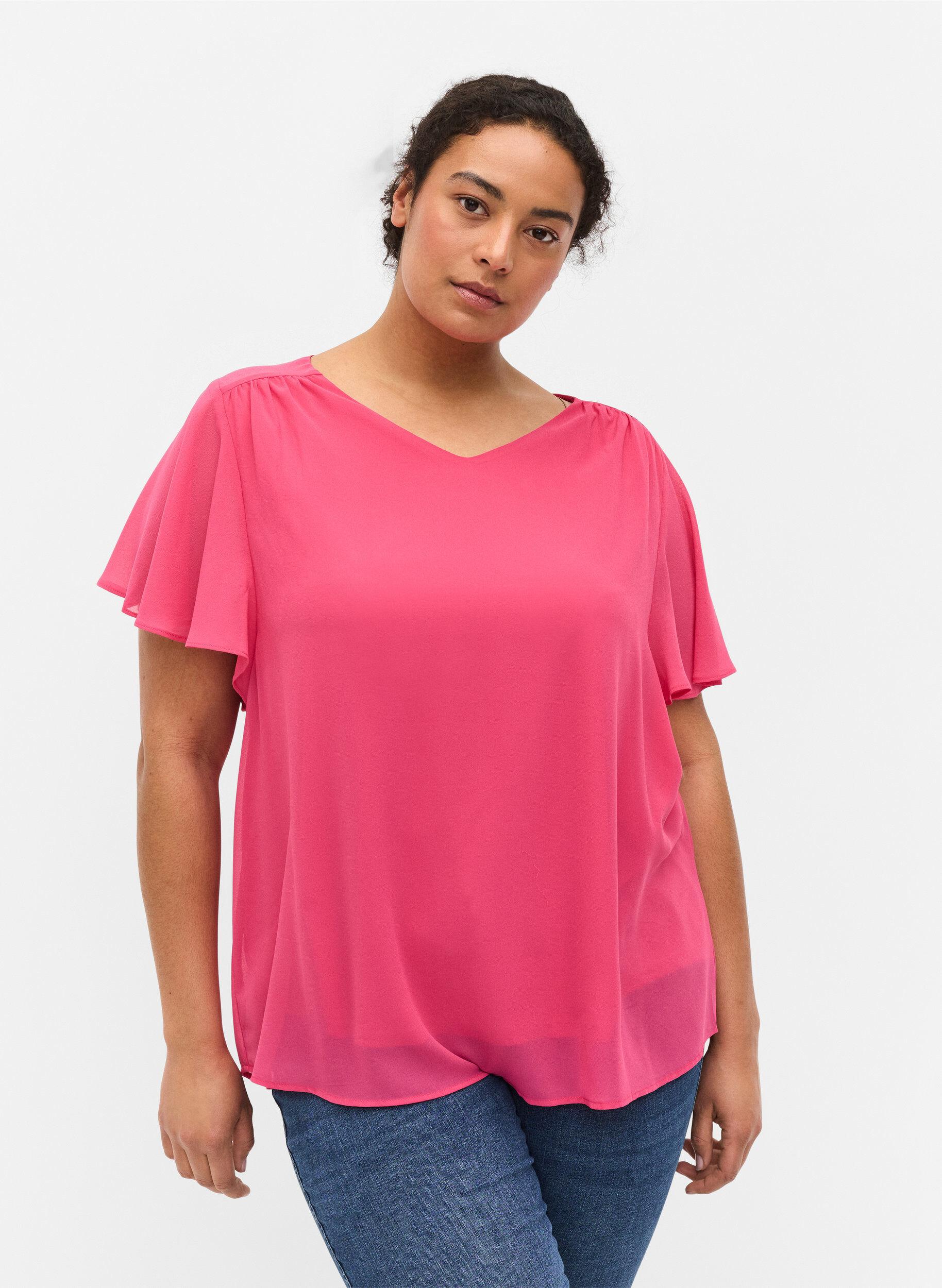 Zizzi Blus med korta &auml;rmar, Magenta, Model image number 0