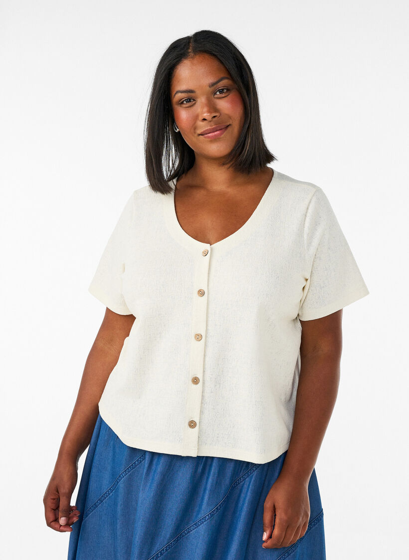Blus i bomull med struktur och knappkn&auml;ppning, Vanilla, Model image number 0