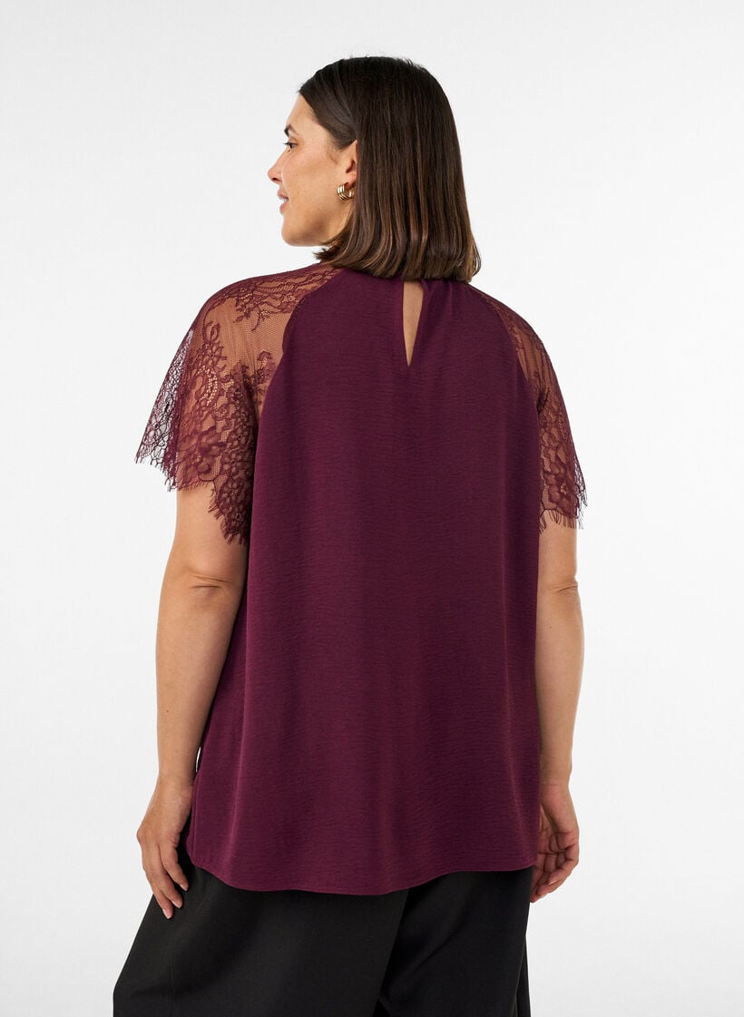 Blus med korta &auml;rmar i spets och h&ouml;g krage, R&ouml;d, Model image number 2
