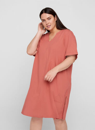Kortärmad klänning i bomullsmix med linne, Canyon Rose, Model image number 0