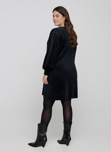 Klänning i velour med långa puffärmar, Black, Model image number 1