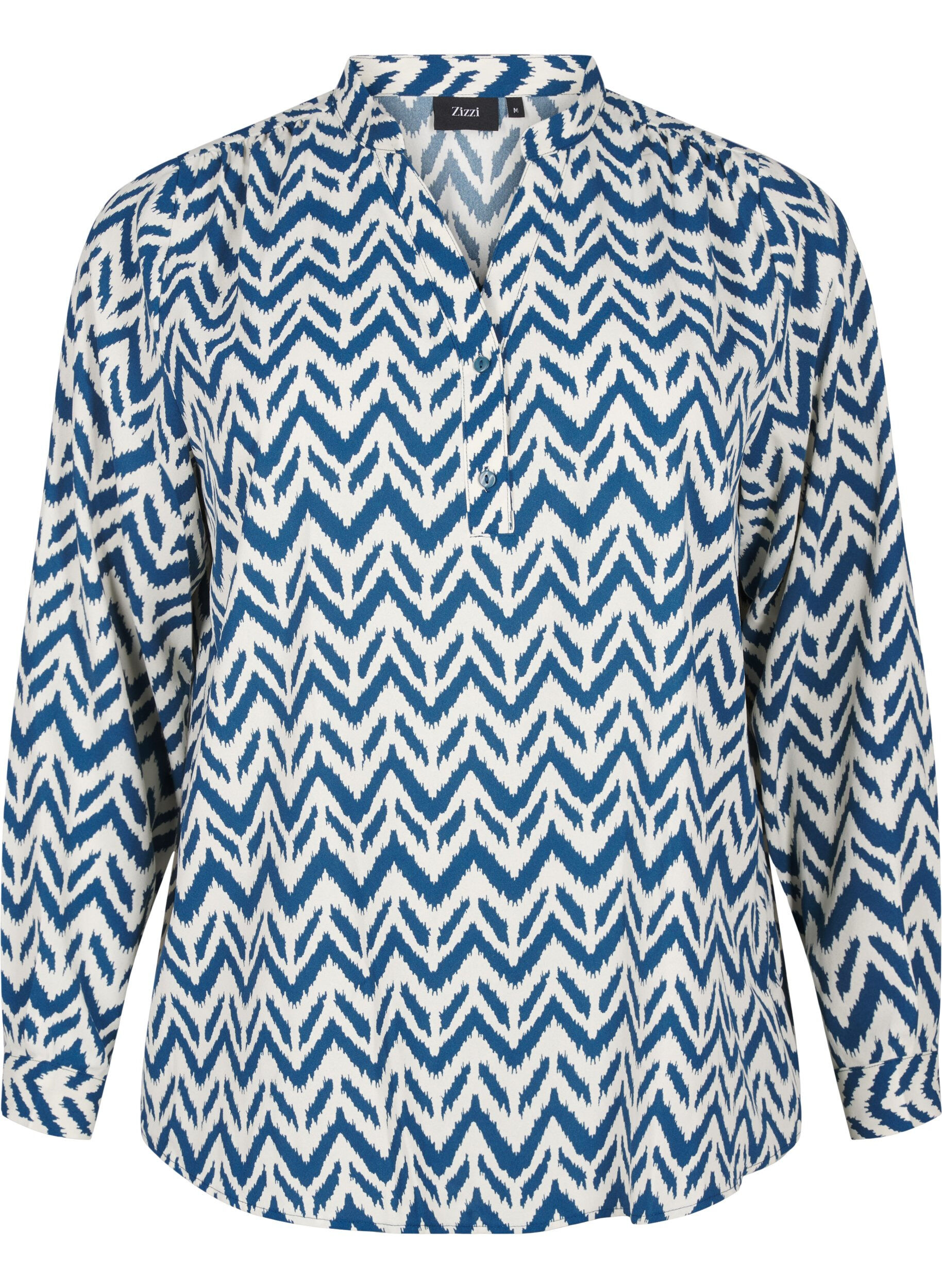 Zizzi L&aring;ng&auml;rmad skjortblus med V-ringning, OFF WHITE ZIG ZAG, Packshot image number 0