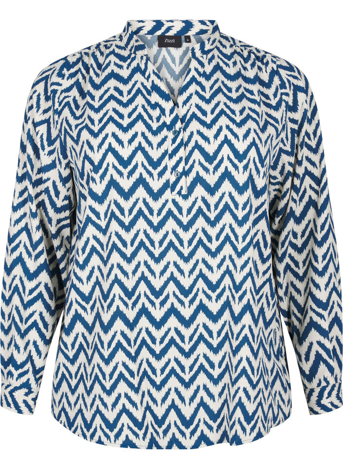Långärmad skjortblus med V-ringning, OFF WHITE ZIG ZAG, Packshot image number 0