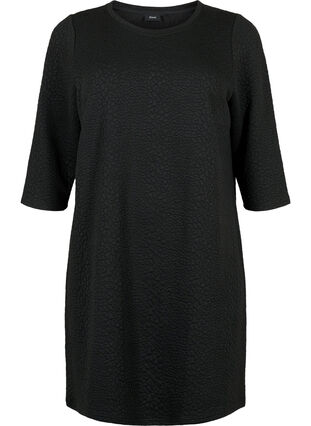Klänning med textur och trekvartsärmar, Black, Packshot image number 0