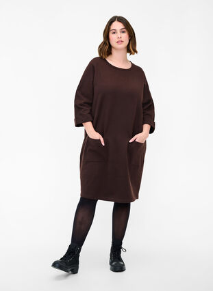 Sweatshirtklänning i bomull med 3/4-ärmar och fickor, Molé, Model image number 2