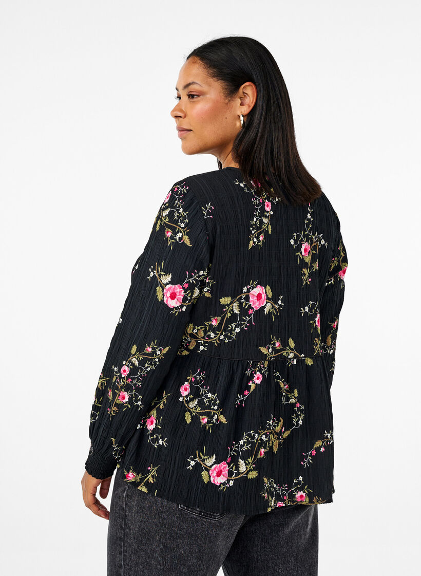 Långärmad blus med blommönster, Svart, Model image number 2