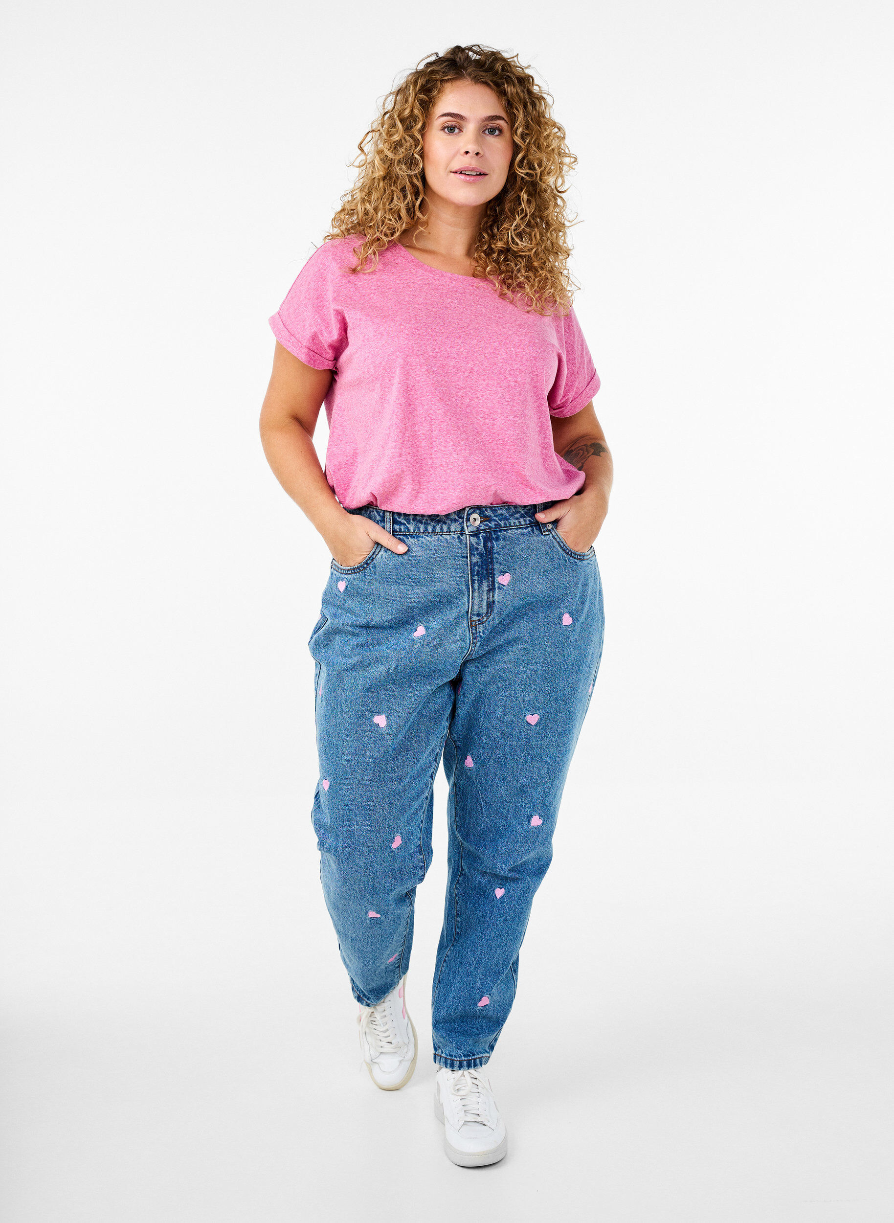 Zizzi Melerad t-shirt med korta &auml;rmar, Rosa, Model image number 1