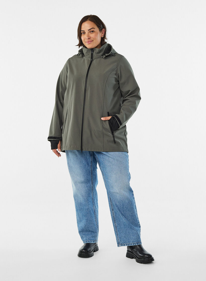 Kort softshelljacka med avtagbar huva, Gr&aring;, Model image number 1