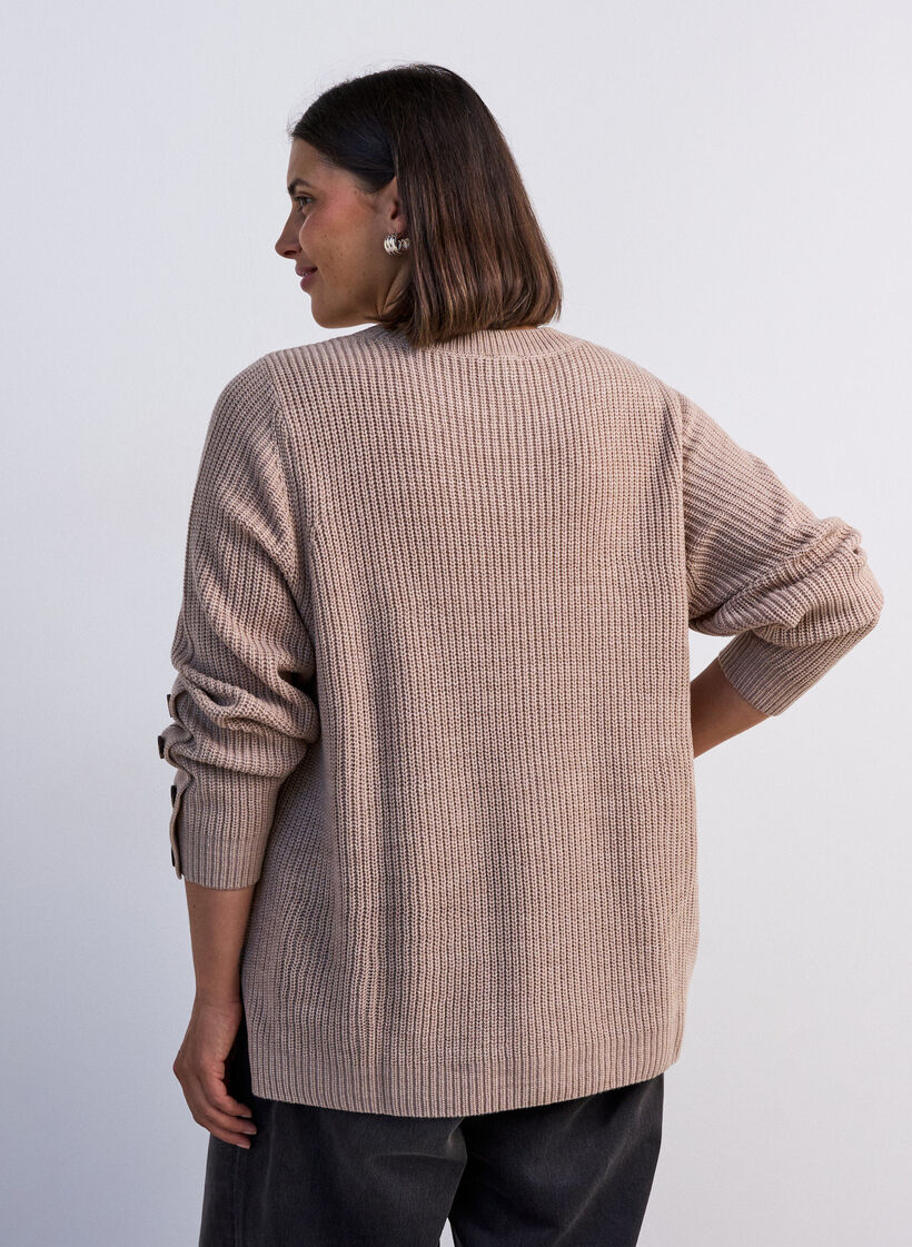 Stickad blus med ribbstruktur och knappdetaljer, Beige, Model image number 2