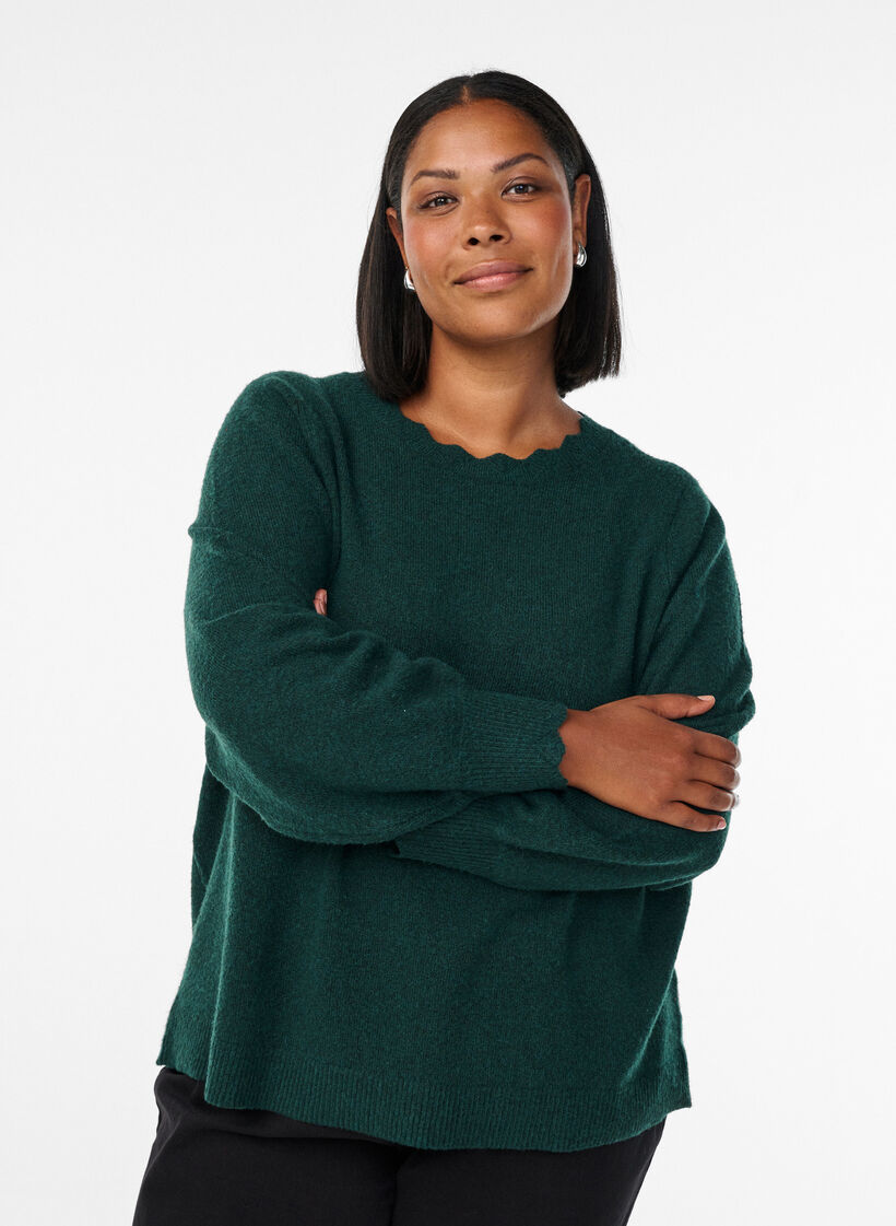 Stickad blus med v&aring;giga kanter, Gr&ouml;n, Model image number 0