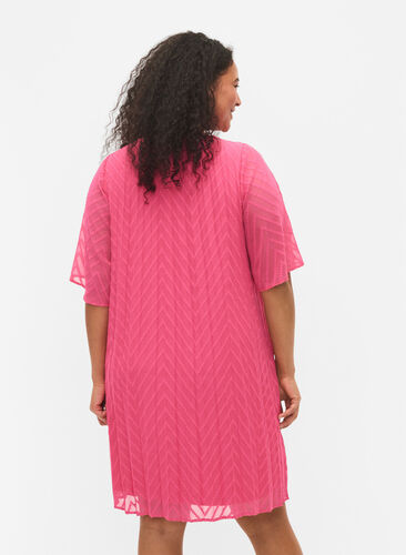 Kortärmad klänning med struktur, Shocking Pink, Model image number 1