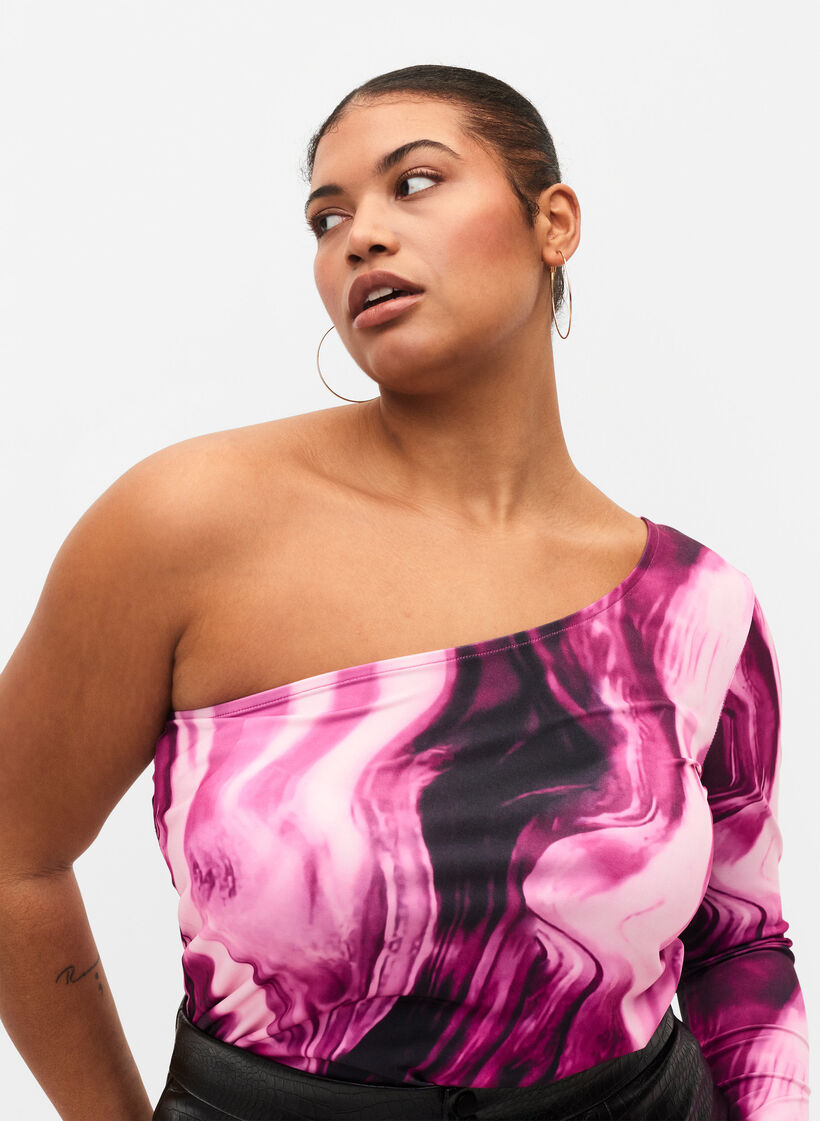 One shoulder-topp med tryck, Raspberry Rose AOP, Model image number 2