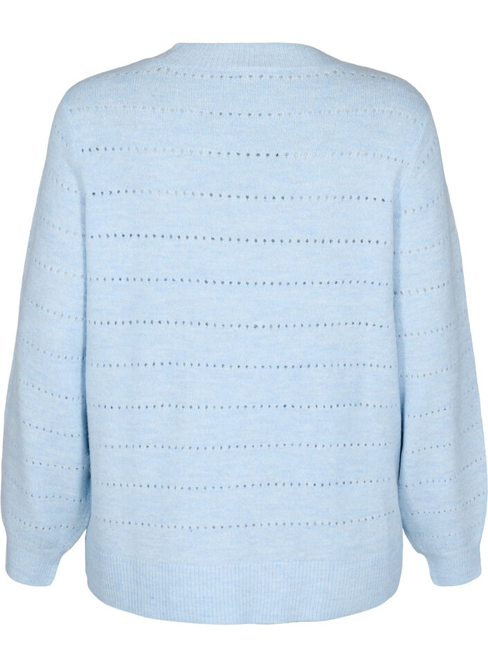 Stickad blus med rund hals och hålmönster, Cashmere Blue Mel., Packshot image number 1