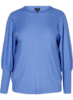 Stickad tröja med rund halsringning och ballongärmar, Ultramarine Mel., Packshot image number 0
