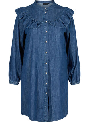 Jeansklänning med dekorativa knappar och volanger, Dark blue denim, Packshot image number 0