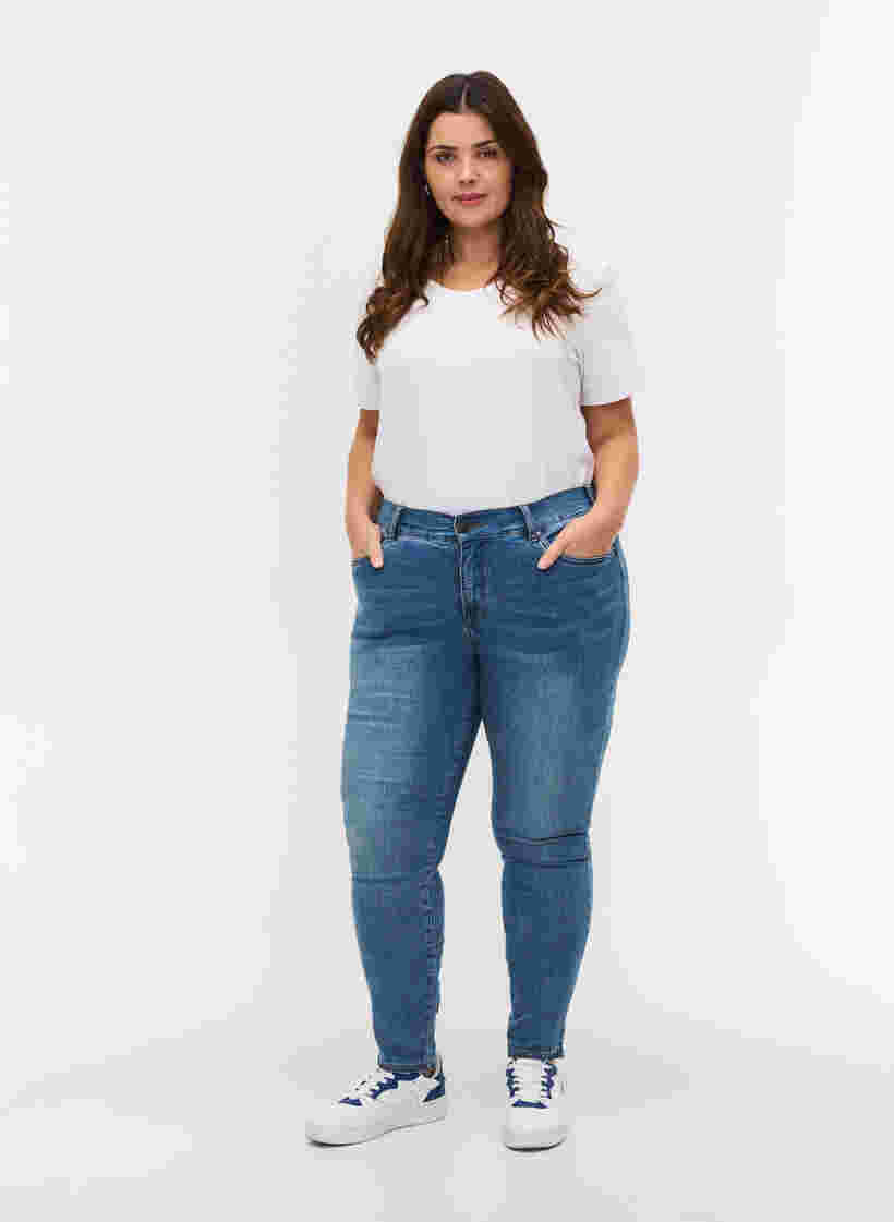 Croppade Amy jeans med hög midja och rosett, Blue denim, Model image number 3