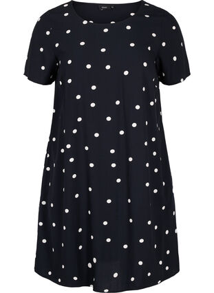 Prickig viskosklänning med korta ärmar, Black Dot, Packshot image number 0