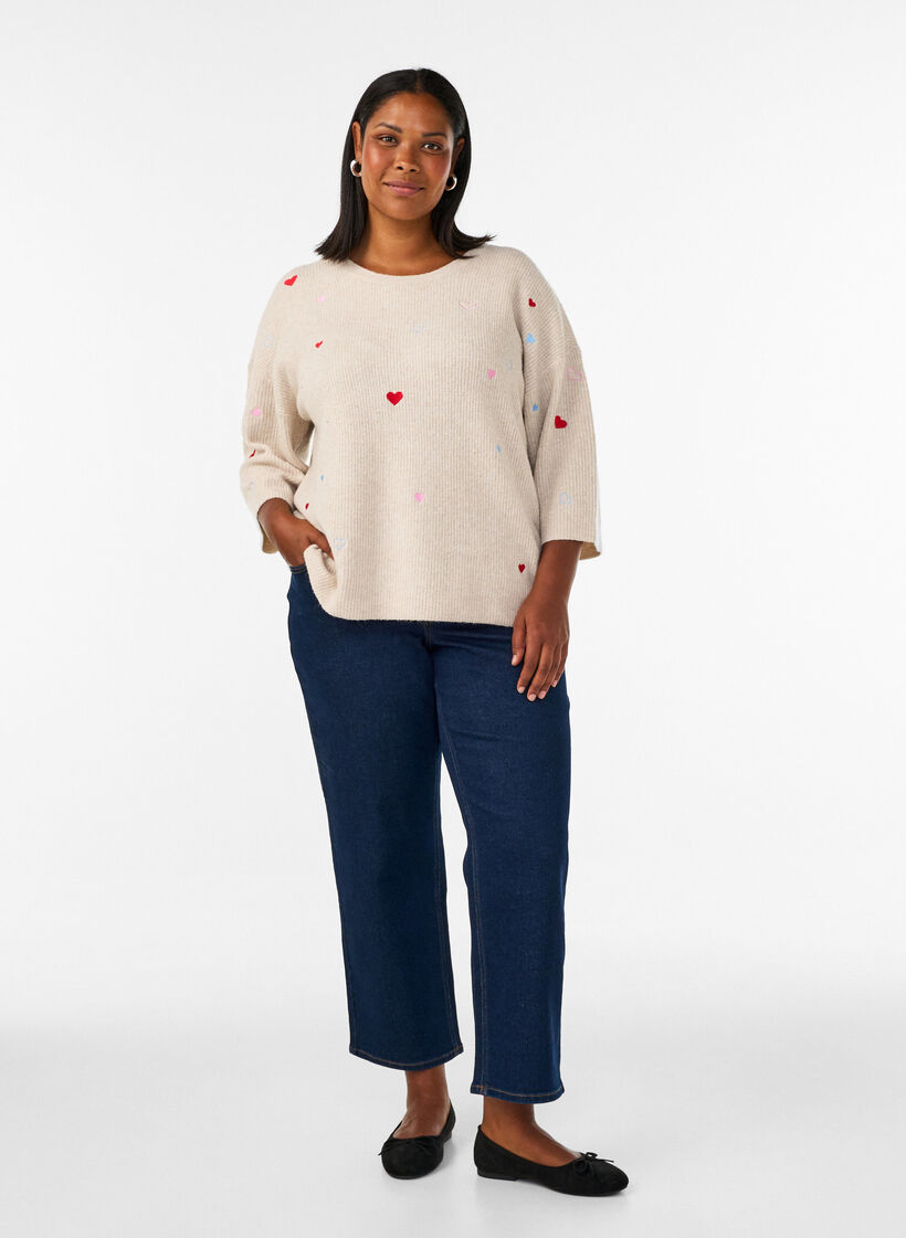 Stickad blus med hj&auml;rtan och 3/4-&auml;rmar, Beige, Model image number 1