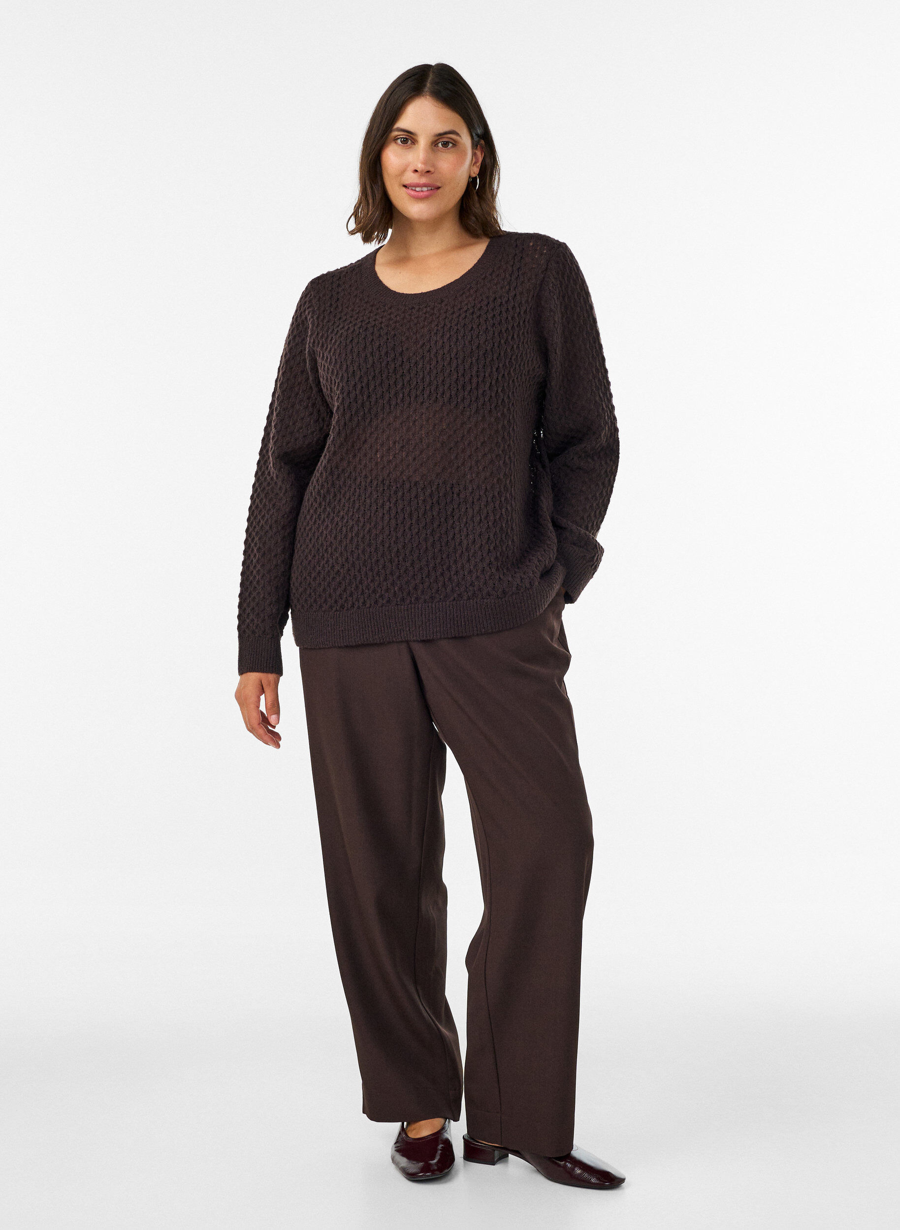 ZizziStickad blus med strukturerat h&aring;lm&ouml;nster, Brun, Model image number 1