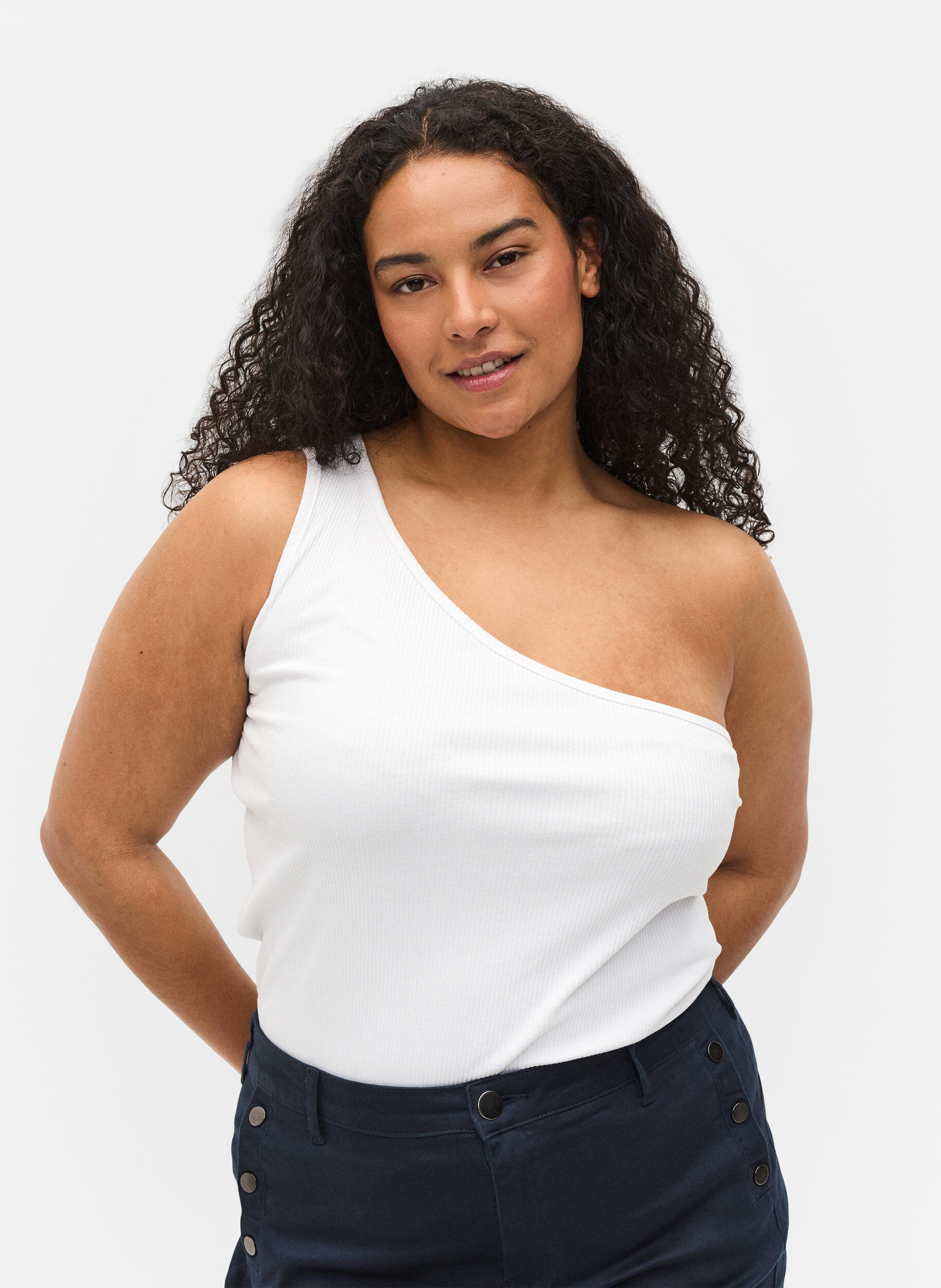 Zizzi One shoulder-topp i bomull, Bright White, Model image number 0
