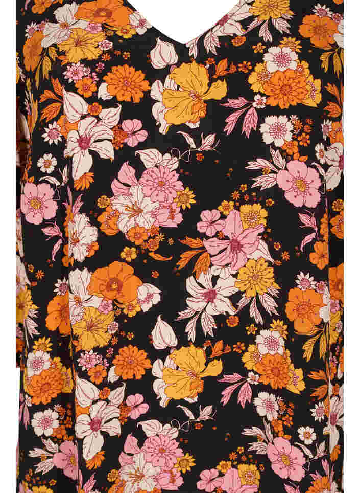 Blommig viskosklänning med 3/4 ärmar, Black Flower AOP, Packshot image number 2