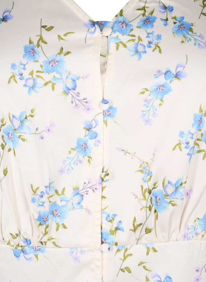 Blommig satinblus med puffärmar, Off White Blue Fl., Packshot image number 2