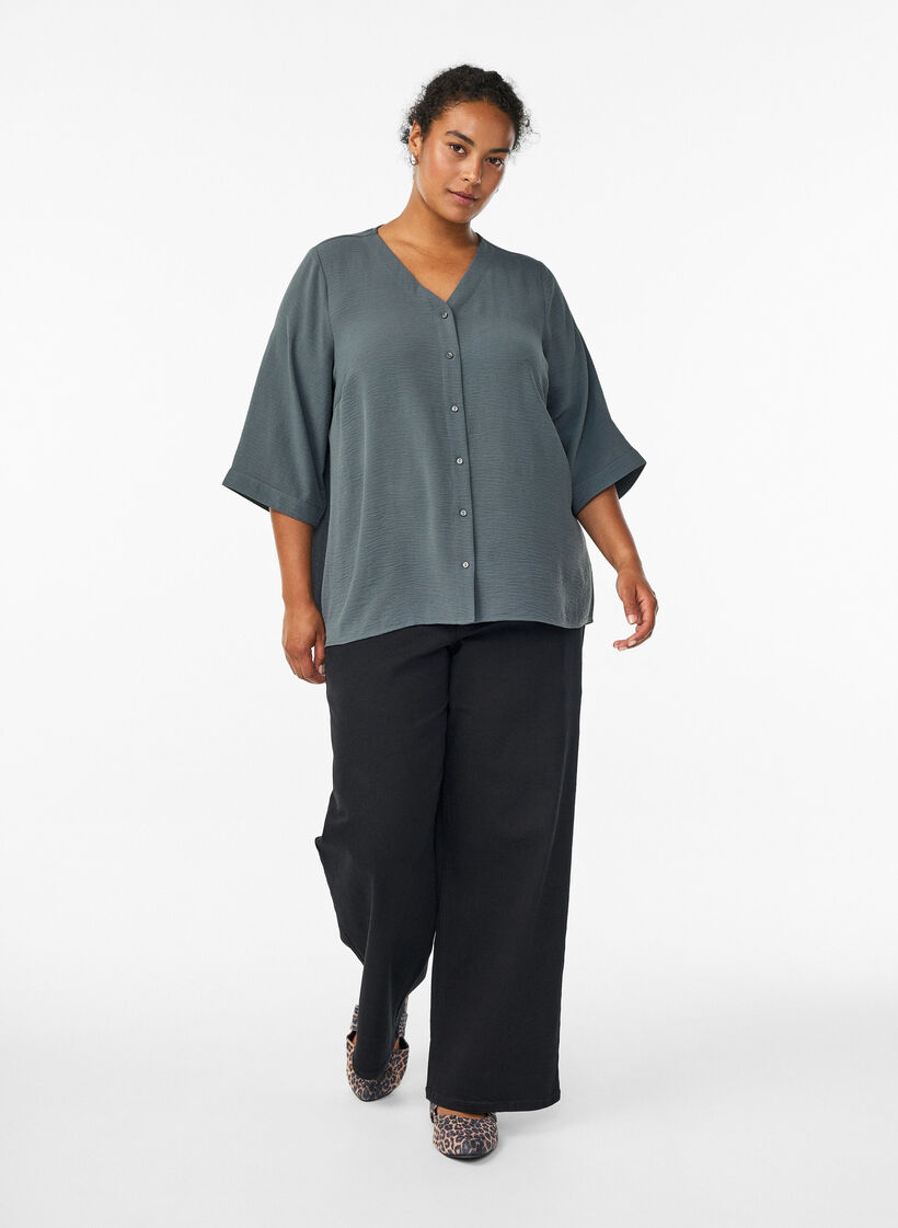 Skjortblus med v-ringning och 3/4-&auml;rm, Gr&ouml;n, Model image number 1