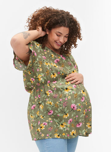 Tunika för gravida i viskos med blommönster, Green Flower Print, Model image number 0