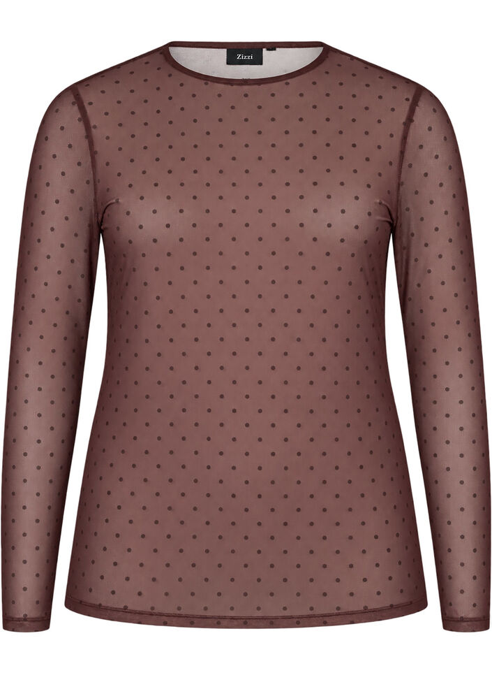 Blus i mesh med tryck, Brun, Packshot image number 0