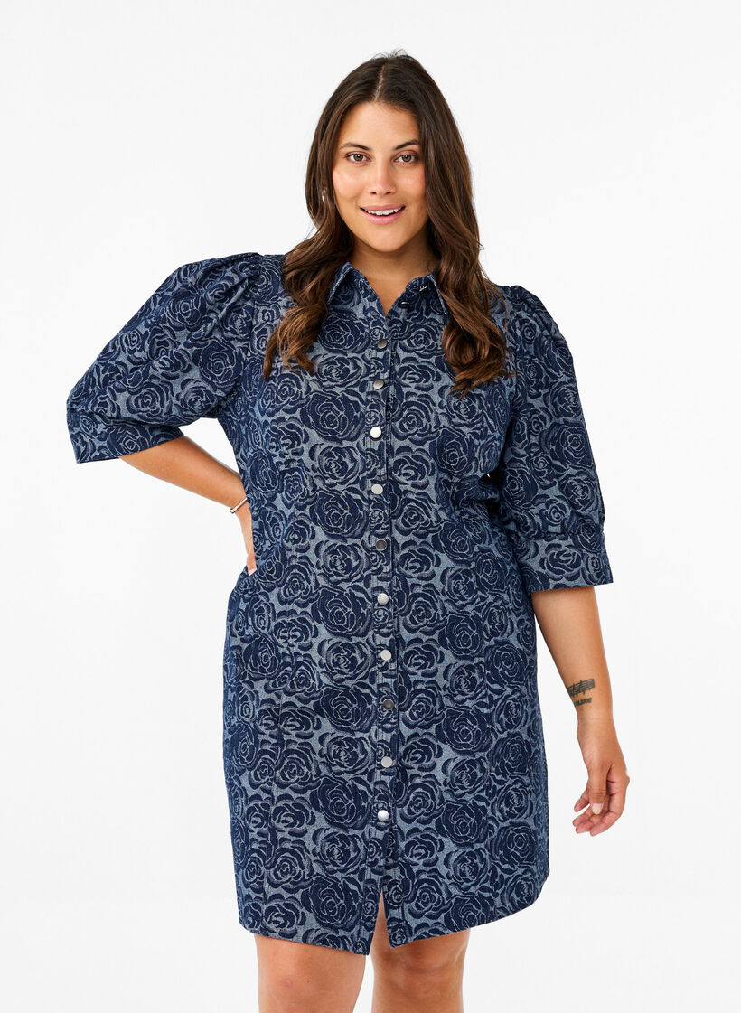 Kort skjortklänning i denim med rosmönster, Denim Rose AOP, Model image number 0
