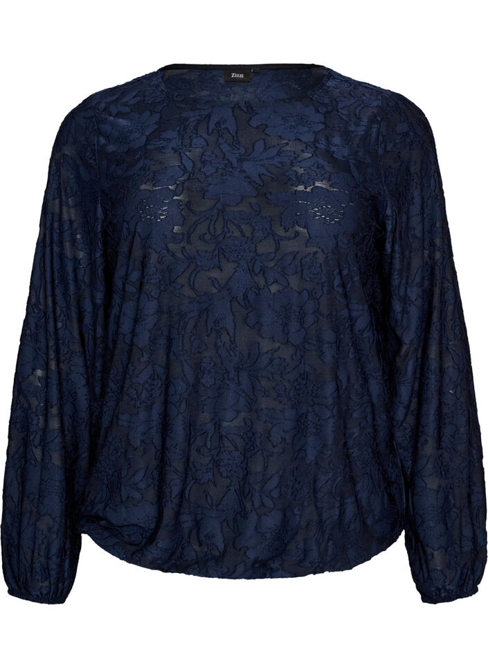 Skir blus med blommig textur och l&aring;nga &auml;rmar, Bl&aring;, Packshot image number 0