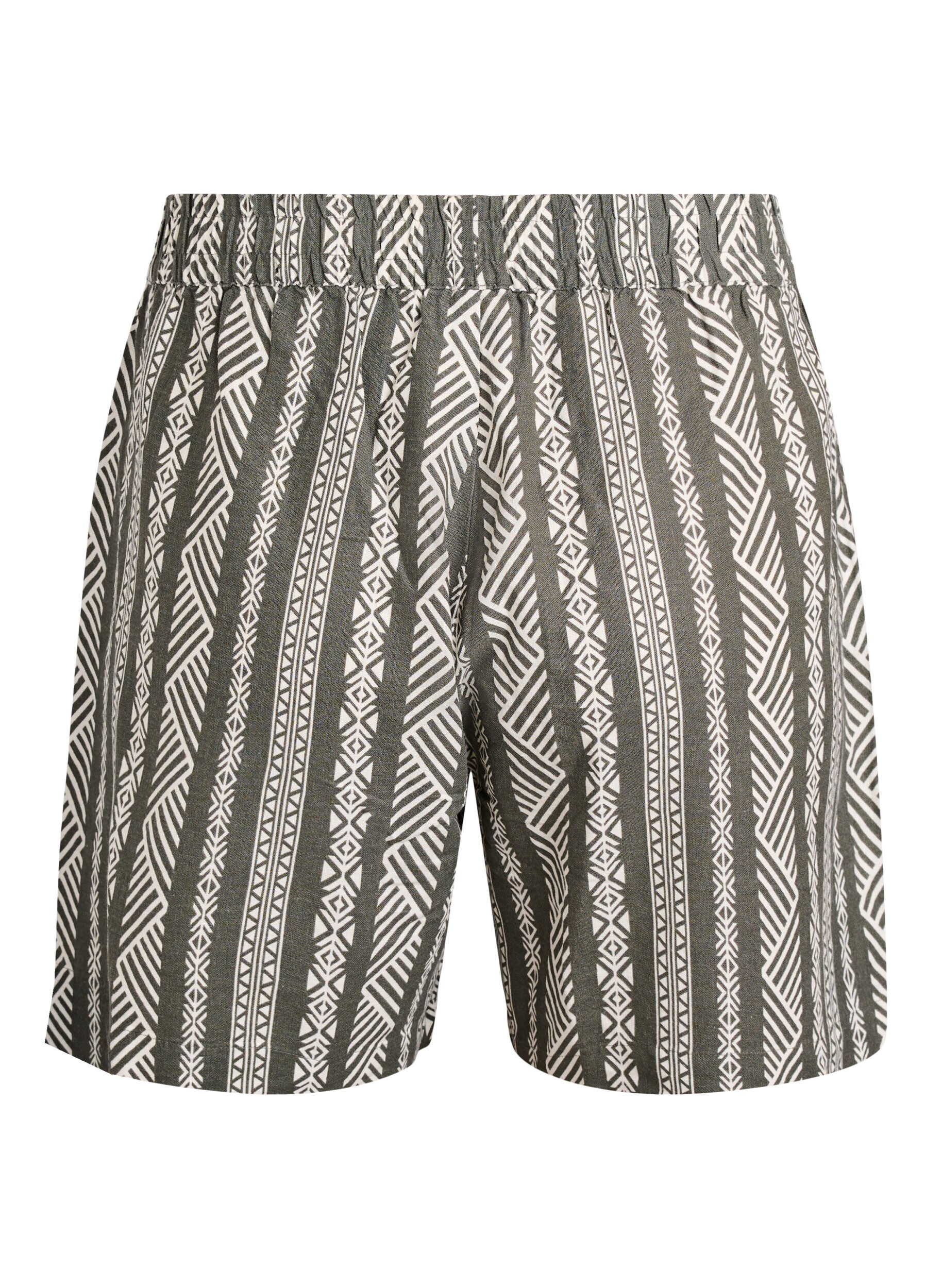 Zizzi Randiga shorts i linne- och viskosblandning, Gr&ouml;n, Packshot image number 1