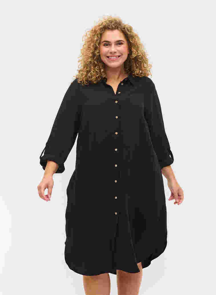 Lång enfärgad viskosskjorta med 3/4-ärmar, Black, Model image number 0