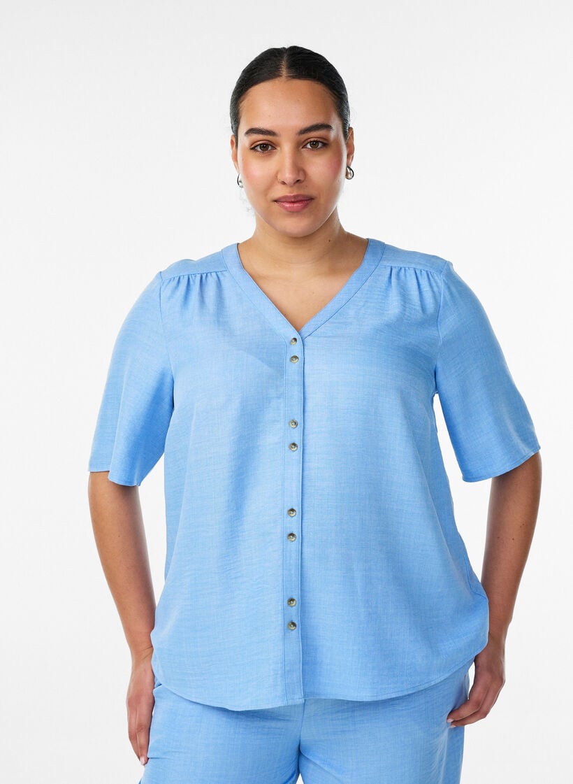V-ringad skjortblus med korta &auml;rmar, Bl&aring;, Model image number 0