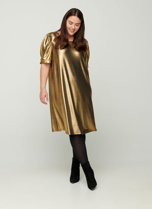 Klänning med korta puffärmar och a-form, Gold, Model image number 2