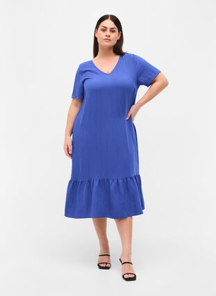 Kortärmad viskosklänning med v-ringning, Dazzling Blue, Model image number 2