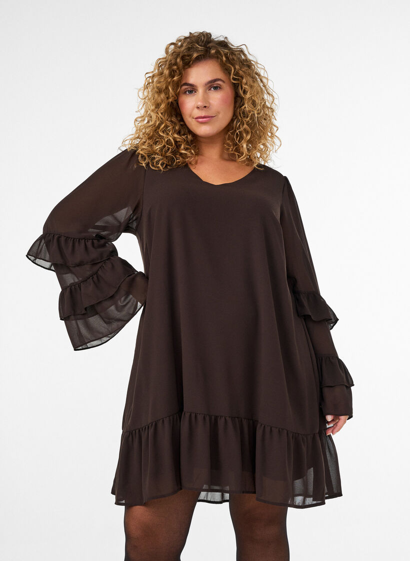 Kort kl&auml;nning med skira volang&auml;rmar, Brun, Model image number 0