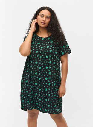 Mönstrad klänning med korta ärmar, Green Flower AOP, Model image number 0