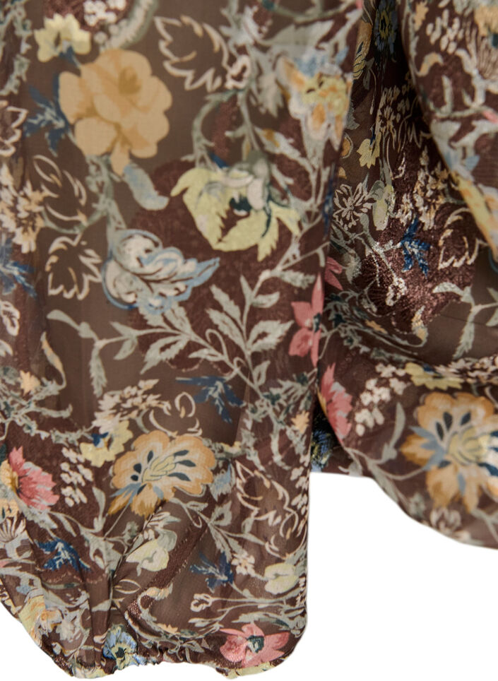 Blus med blommigt m&ouml;nster och ballong&auml;rmar, Brun, Packshot image number 3