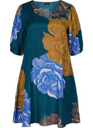 Blommig viskosklänning med korta ärmar, Reflecting Pond AOP, Packshot image number 0