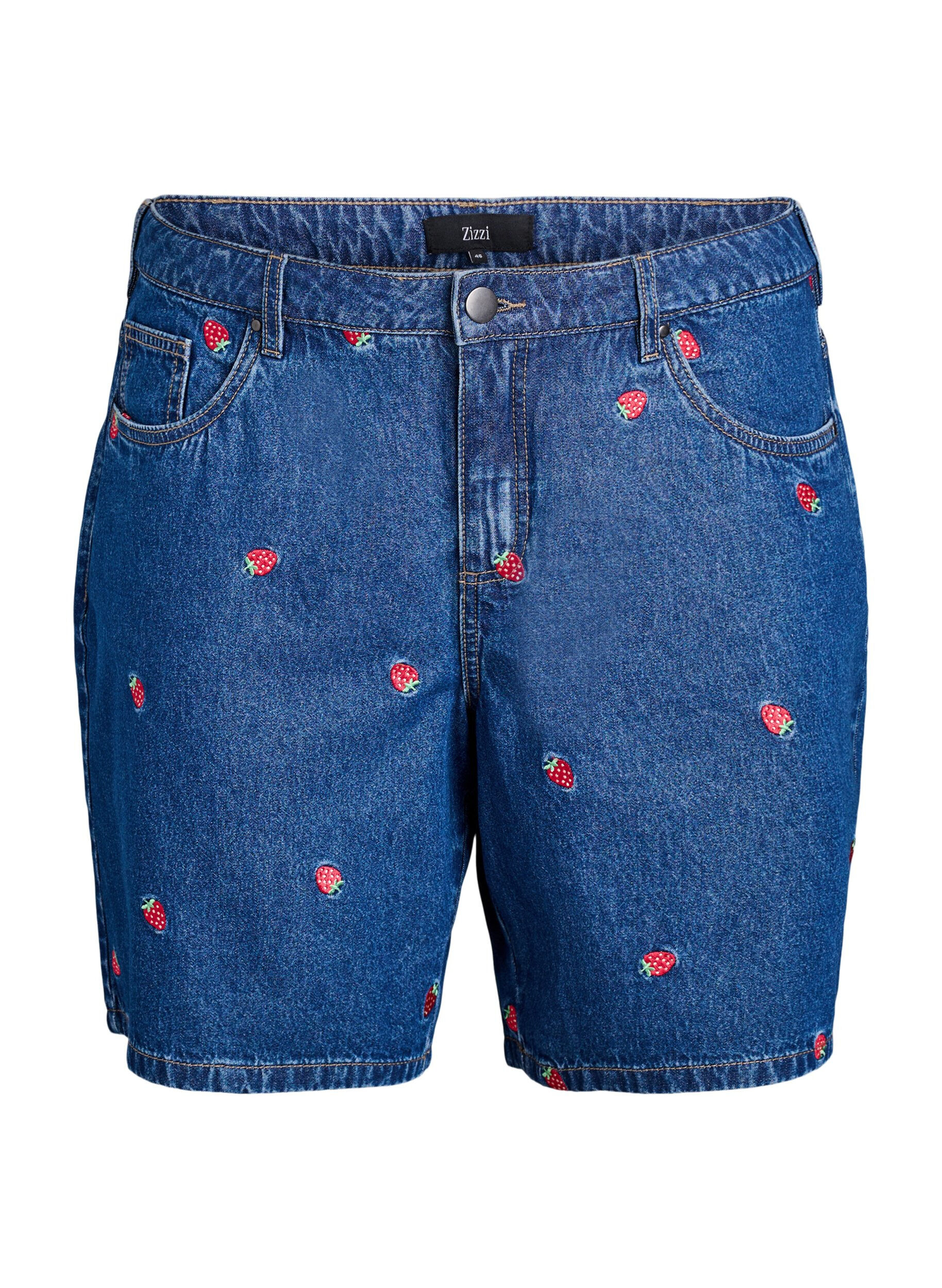 ZizziJeansshorts med broderade jordgubbar, Bl&aring;, Packshot image number 0